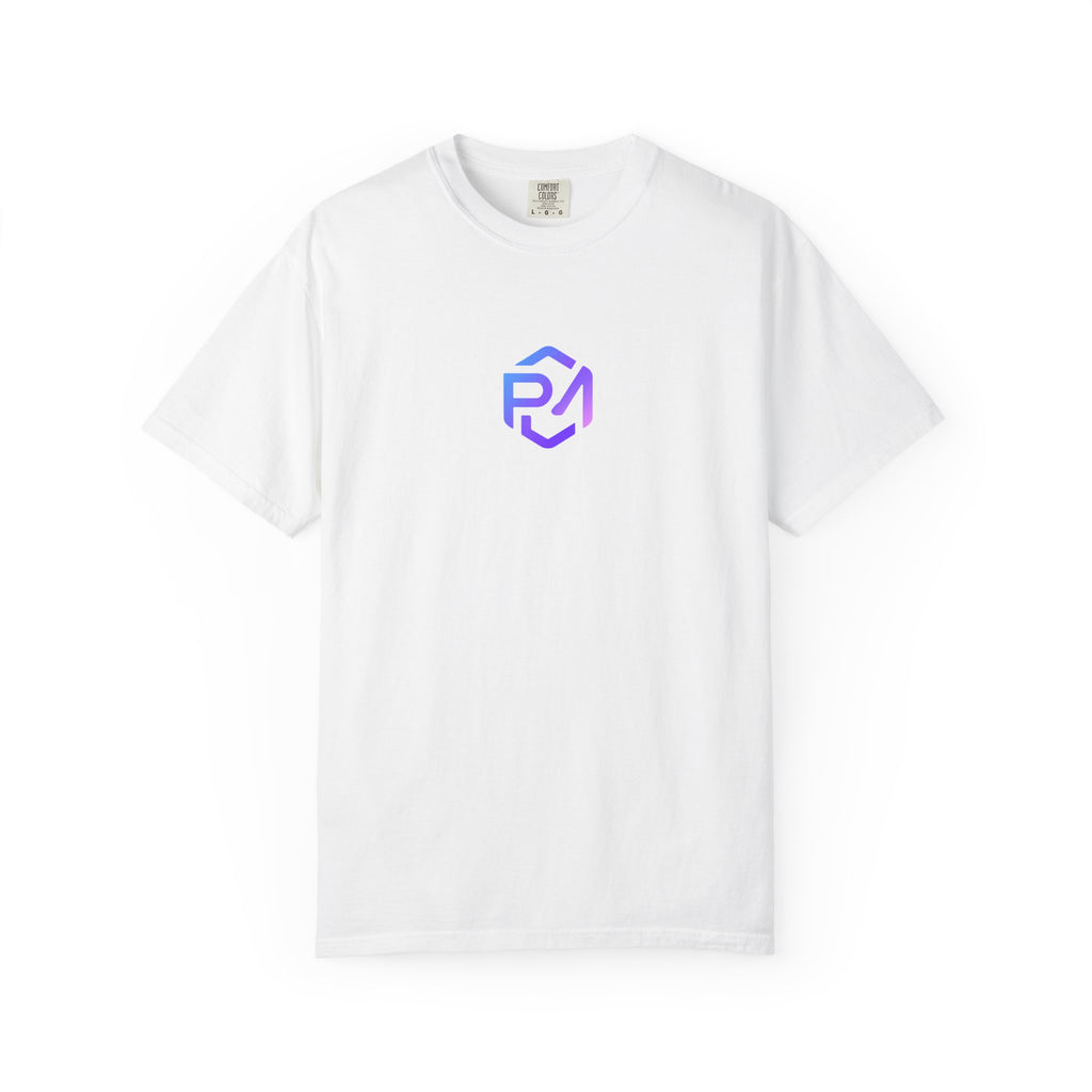 White Project Maddox T-shirt with blue and purple chest logo, front view