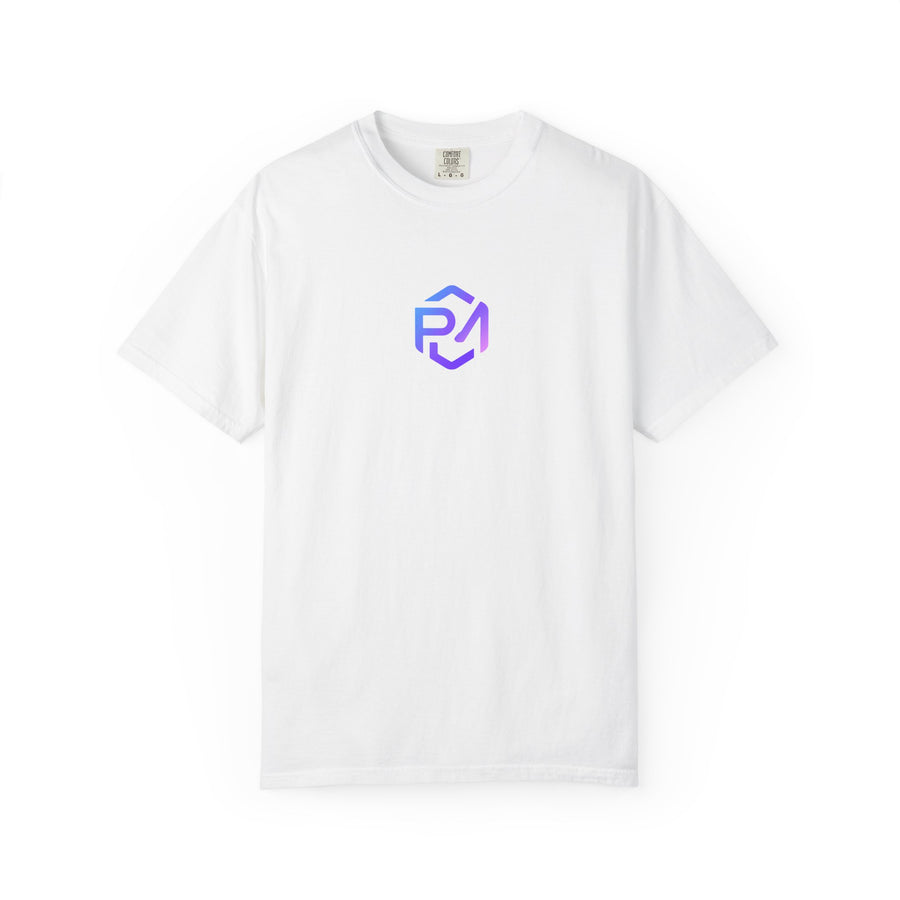 White Project Maddox T-shirt with blue and purple chest logo, front view