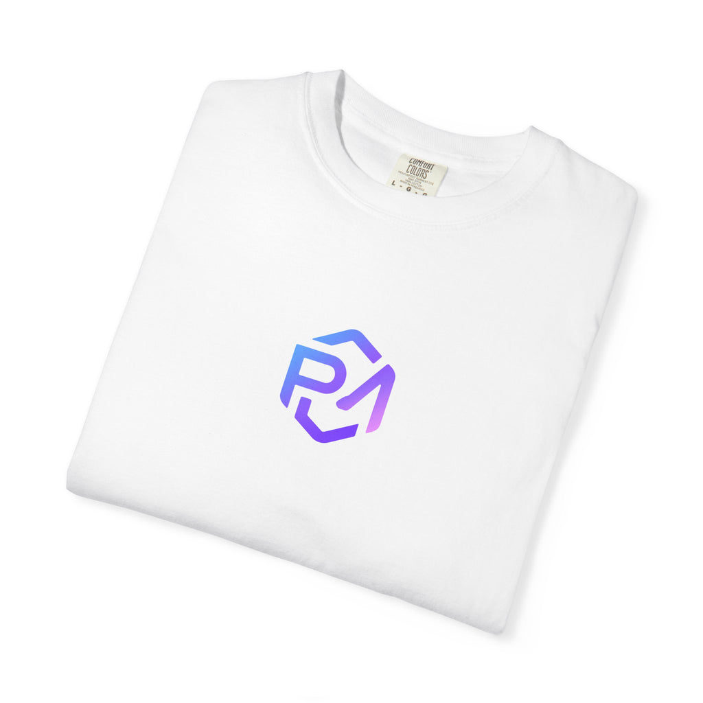 Folded white Project Maddox T-shirt showing the blue and purple logo and crew neck