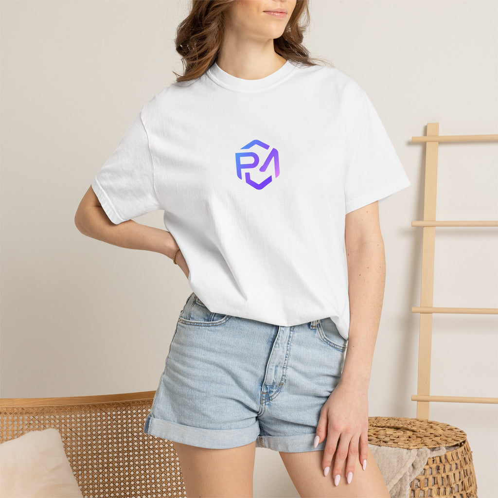 Model wearing the white Project Maddox logo T-shirt with denim shorts