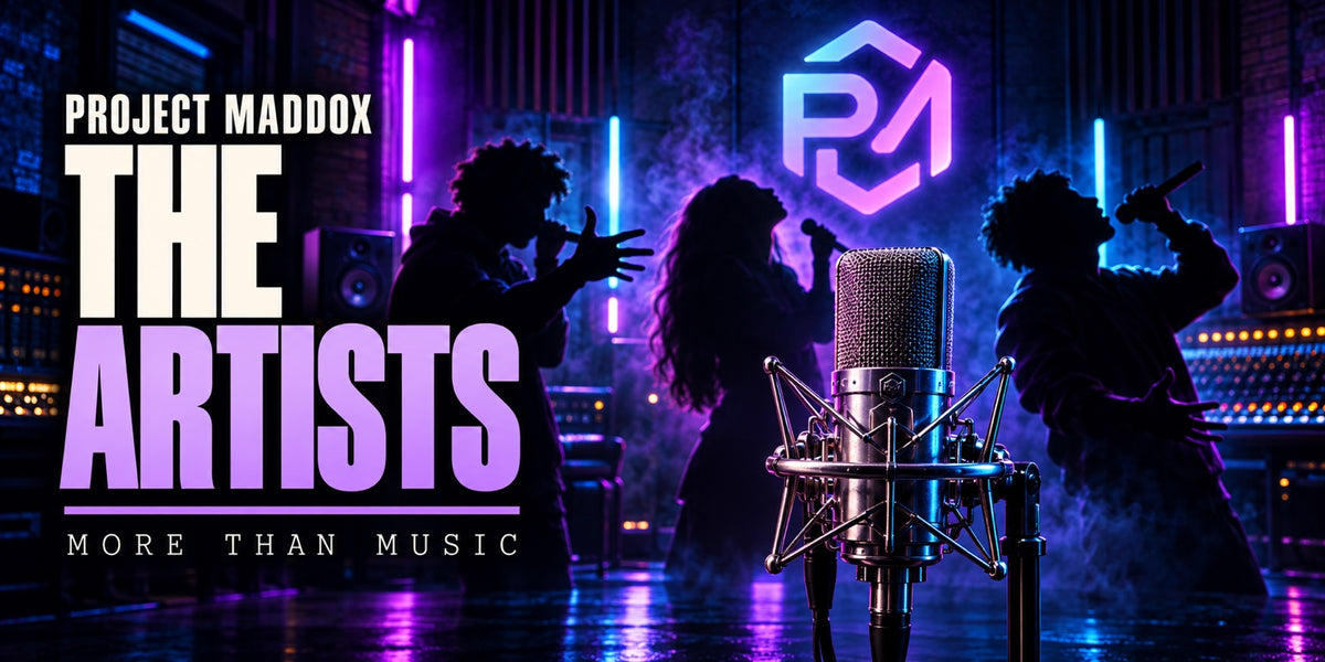 Project Maddox — The Artists. Three performers silhouetted behind a studio microphone and neon logo. More than music.